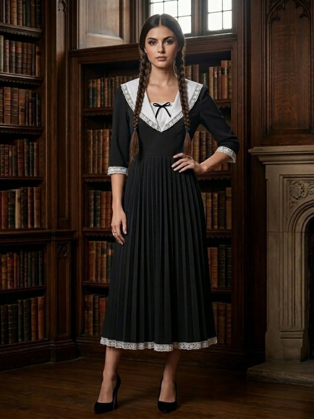 Simple Retro Black Pleated White Lace Trim Dress Womens Size S Retro Goth New
